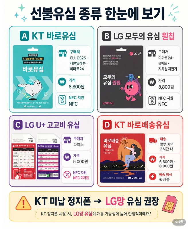 선불유심 종류 비교 — KT 바로유심·LG 모두의유심 원칩·LG U+ 고고비 유심·KT 바로배송유심
