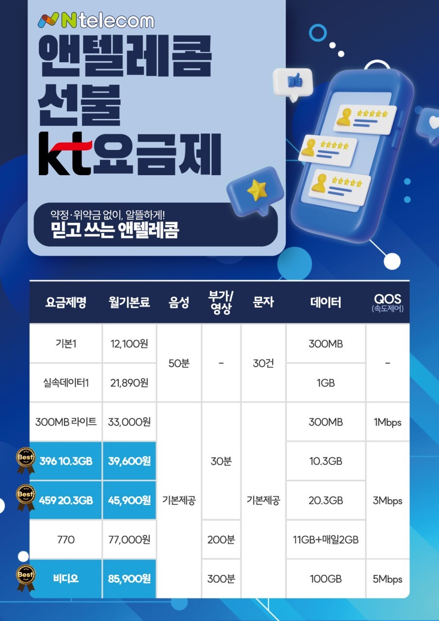 앤텔레콤 선불 KT 요금제 공식 요금표