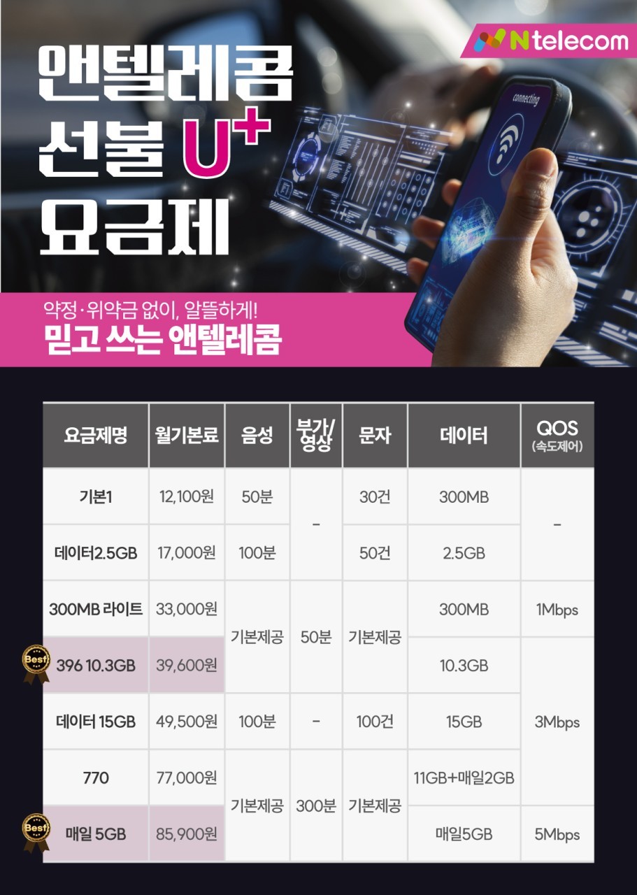 앤텔레콤 선불 LG U+ 요금제 공식 요금표